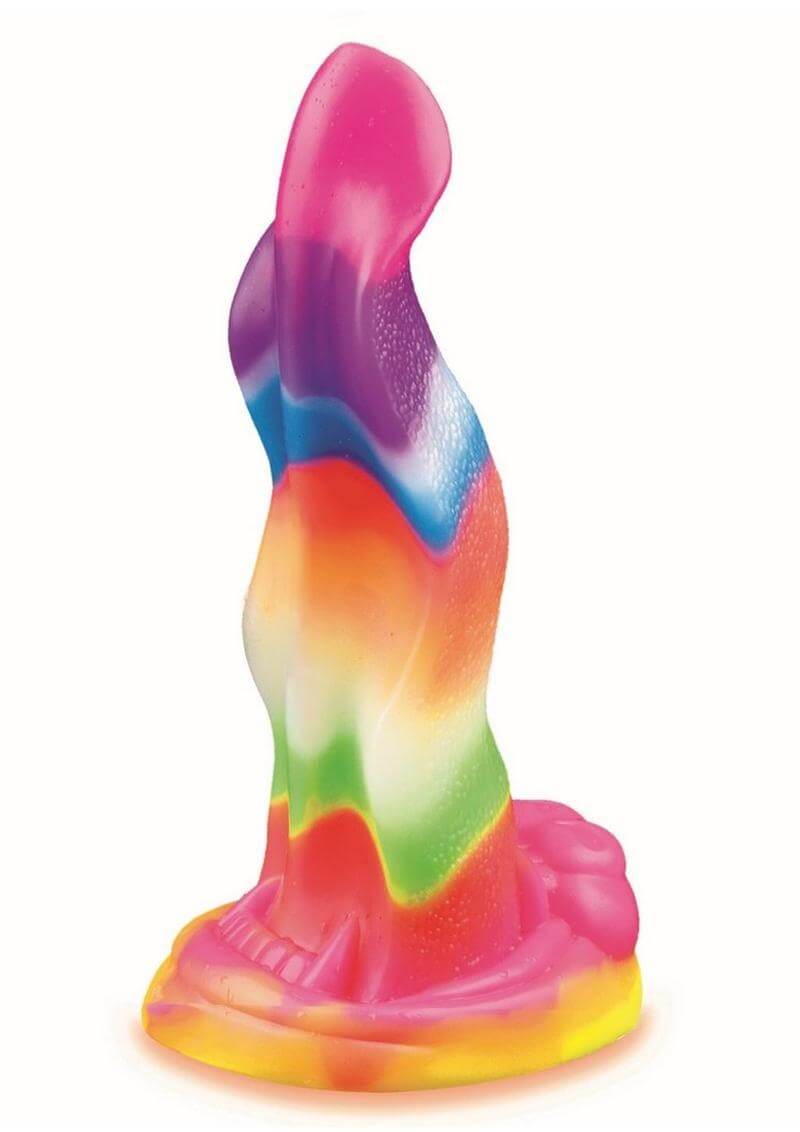Colorful rainbow silicone creature dildo with a unique wavy design and textured base.