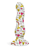 Collage Cupcakes and Unicorns Dildo with colorful tattoo designs by Icon Brands, featuring a premium silicone and ultra grip suction cup.