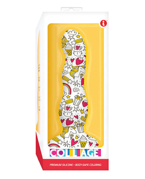 Collage Cupcakes and Unicorns Dildo in Packaging, Premium Silicone, Whimsical Design, Ultra Grip Suction Cup, Hand Crafted for Unique Pleasure