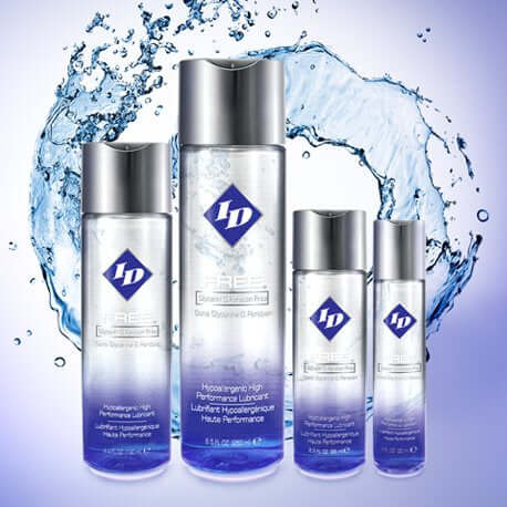 ID Free Water-Based Personal Lubricant 8.5oz bottles with water splash background, glycerin and paraben-free formula for all skin types