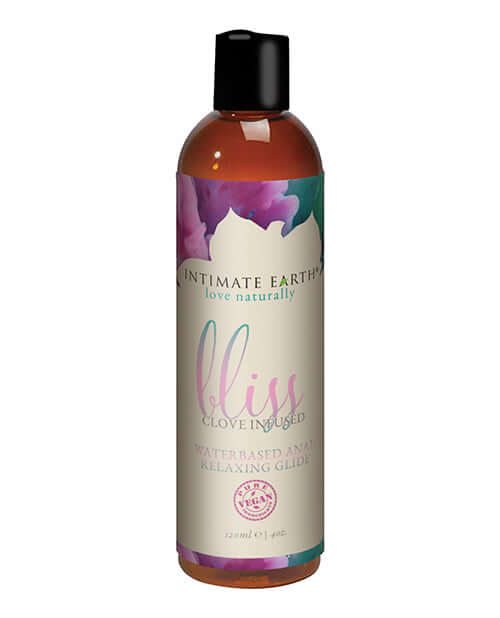 Intimate Earth Bliss Clove Infused Anal Relaxation Glide 4 fl oz water-based formula in a bottle.