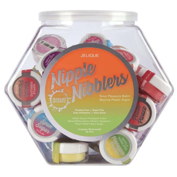 Nipple Nibblers Sour Pleasure Balm fishbowl display with 36 pieces, kissable and paraben-free formula for enhanced arousal from Classic Erotica