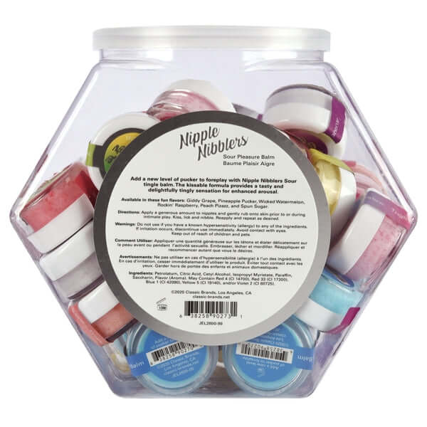 Nipple Nibblers Sour Pleasure Balm assorted fishbowl display with 36 pieces, featuring kissable and sugar-free formula for enhanced arousal.