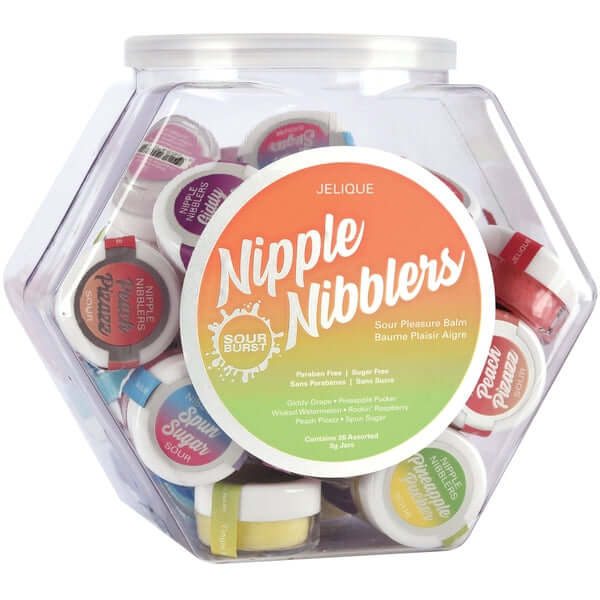 Nipple Nibblers Sour Pleasure Balm Assorted Fishbowl Display with 36 Pieces, featuring sugar-free, paraben-free, and kissable formulas enhancing arousal.