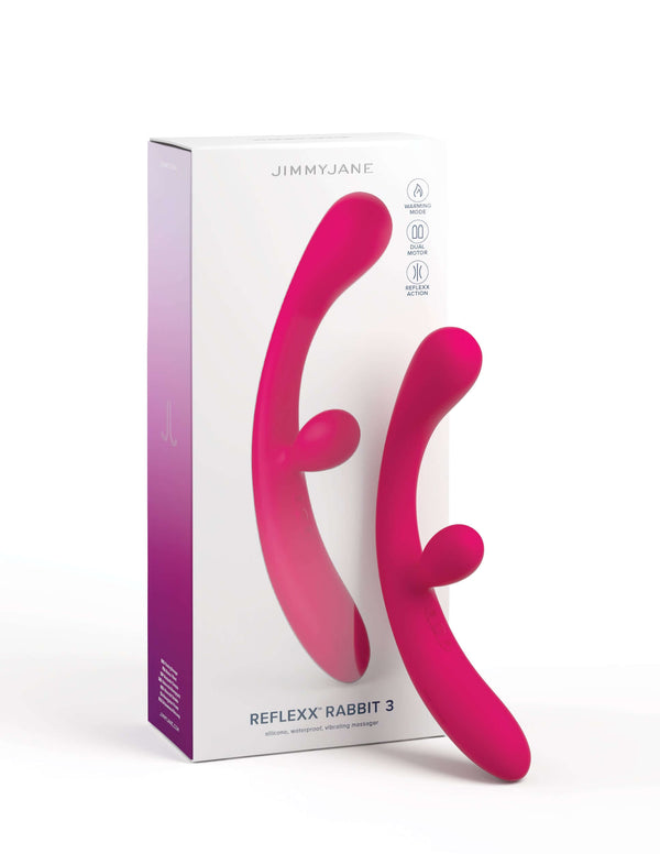 JimmyJane Reflexx Rabbit 3 Vibrator in pink with its packaging.