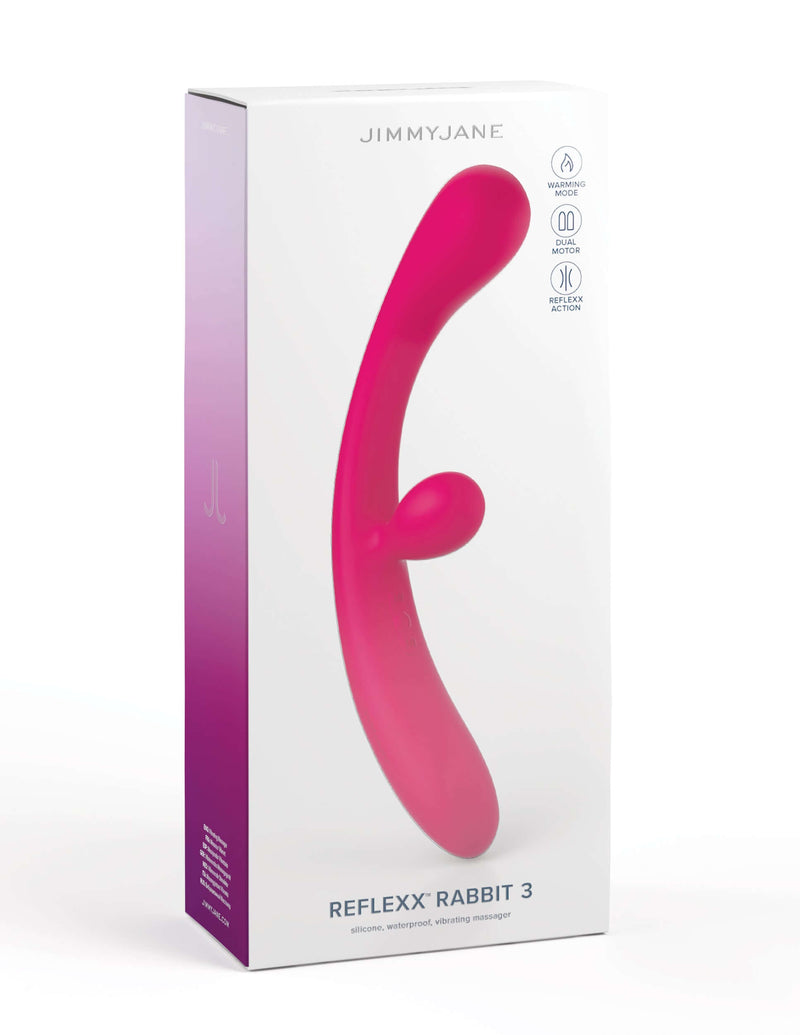 JimmyJane Reflexx Rabbit Vibrator 3 in packaging - dual motors, G-spot and clitoral stimulation, customizable vibration modes.