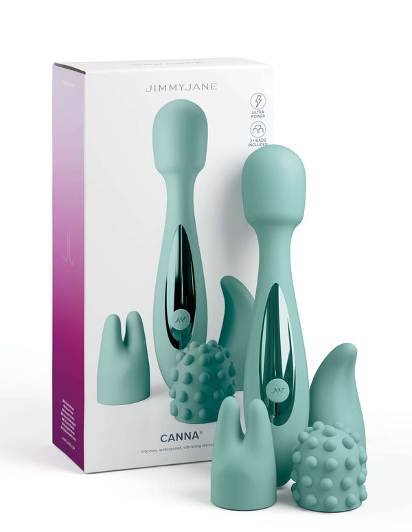 JimmyJane Canna Personal Massager with three attachable heads for unique sensations and packaging box.