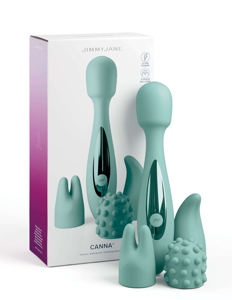 JimmyJane Canna Personal Massager with three attachable heads for unique sensations and packaging box.