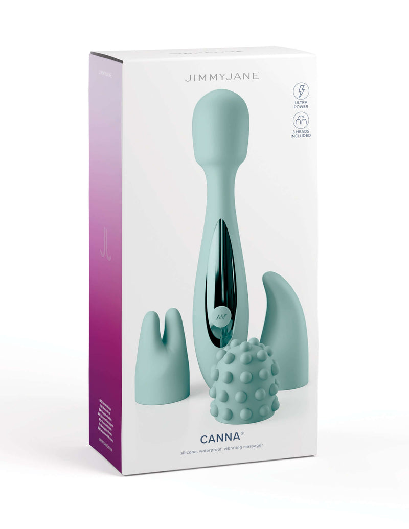 JimmyJane Canna Personal Massager with three unique attachable heads in packaging.