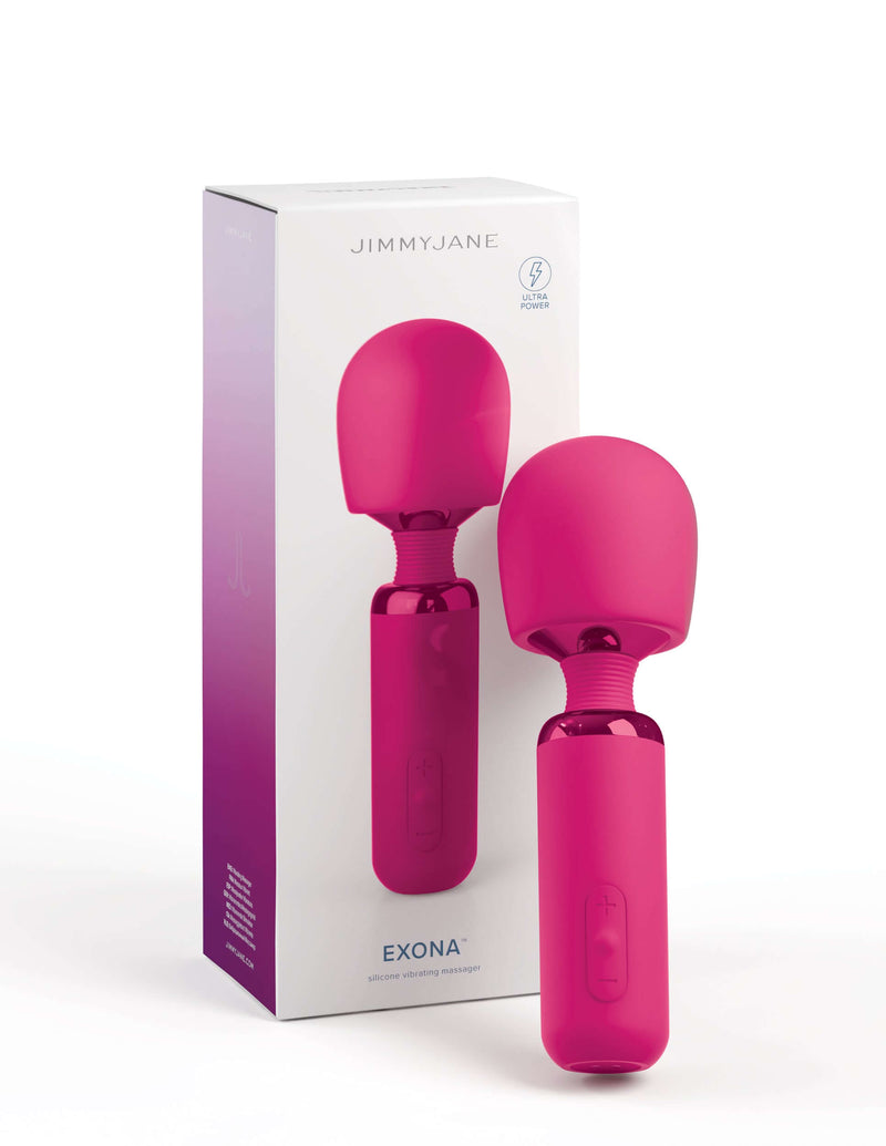 JimmyJane Exona Body Wand in pink with packaging, features high-tech flexible head and powerful motor for deep, rumbly vibrations.