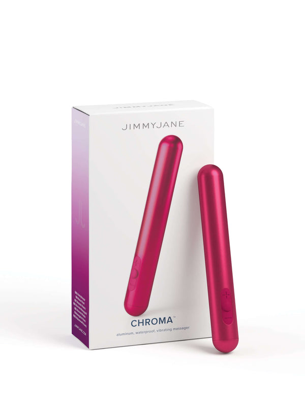 JimmyJane Chroma Pink Bullet Vibrator with packaging - sleek design, five vibration modes, five intensity levels for customizable pleasure.