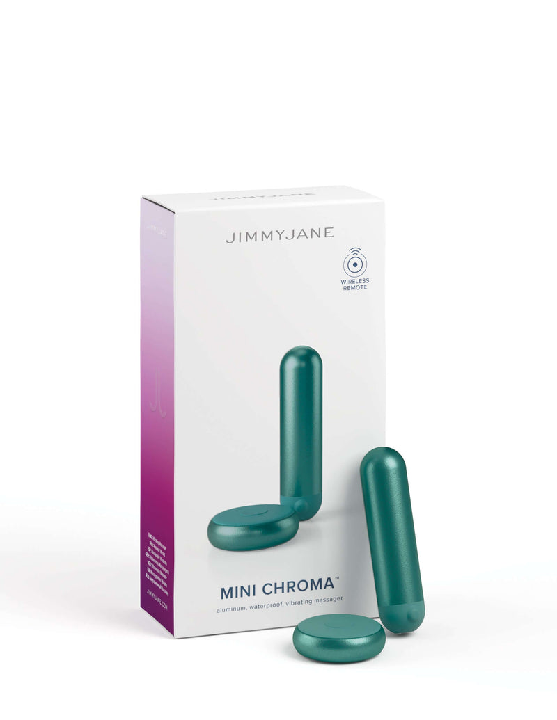 JimmyJane Mini Chroma Wireless Remote Teal Vibrator with packaging.