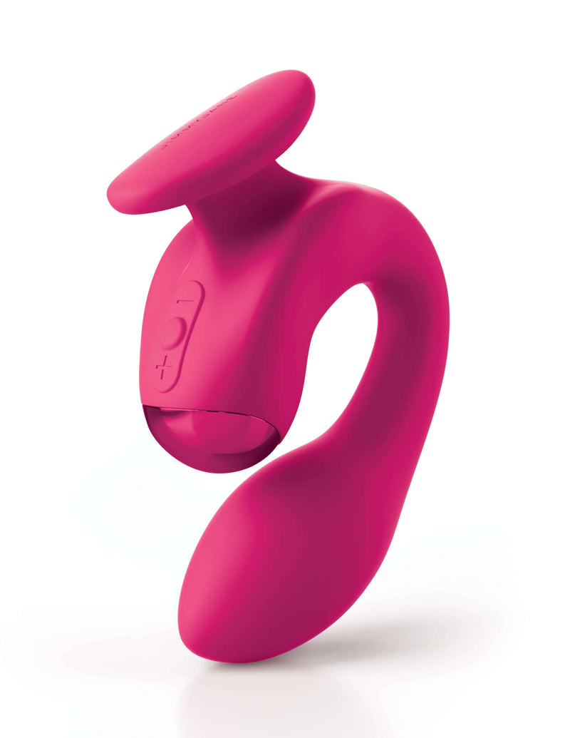 JimmyJane Dual Gripp Clitoral and G-Spot Vibrator with dual motor design and finger holder for easy control in vibrant pink.