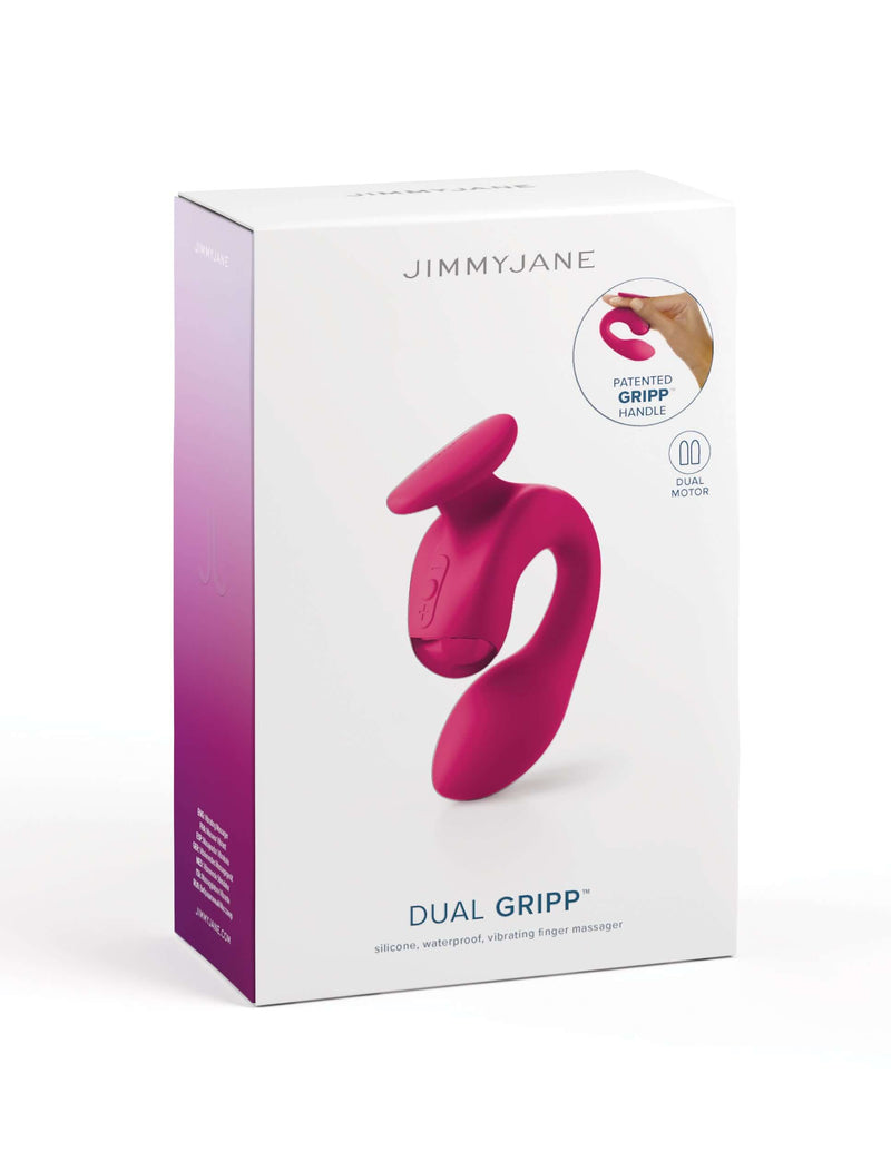 JimmyJane Dual Gripp Clitoral and G-Spot Vibrator product packaging box in vibrant colors featuring innovative finger holder design.