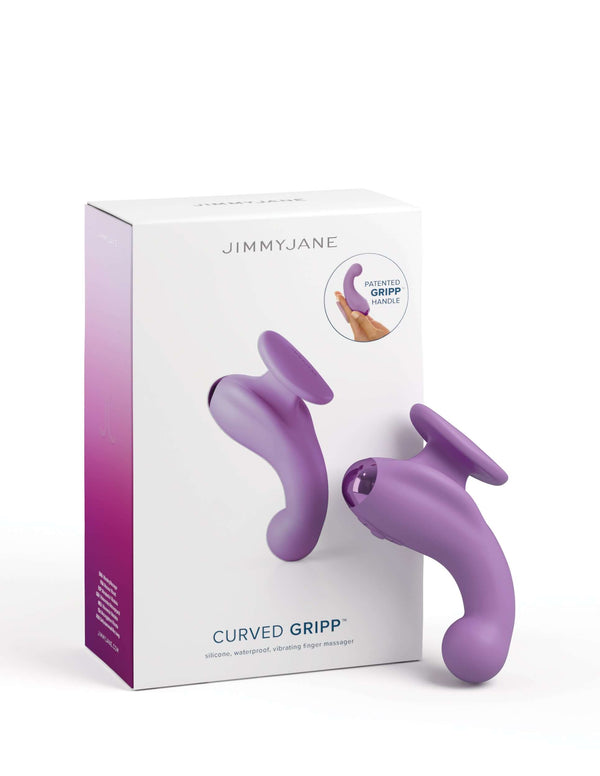 JimmyJane Curved Gripp Vibrator in purple next to its packaging featuring extra-curvy, super-flexible design for targeted pleasure