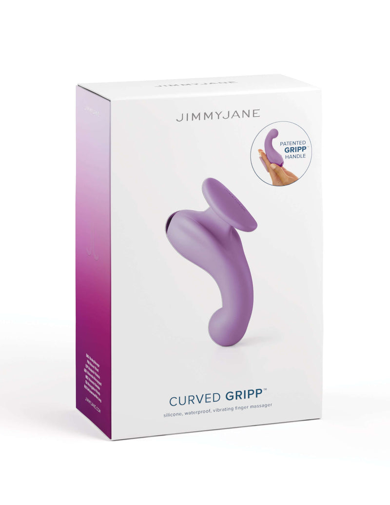 JimmyJane Curved Gripp vibrator in packaging, featuring a purple curved design for G-spot or prostate stimulation, from Pipedream Products.