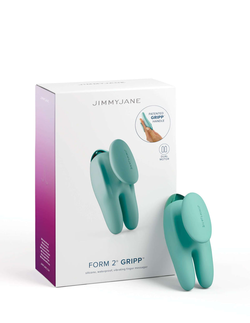 JimmyJane Form 2 Gripp 2 Prong Green Vibrator with packaging showcasing ergonomic design and innovative gripp handle.
