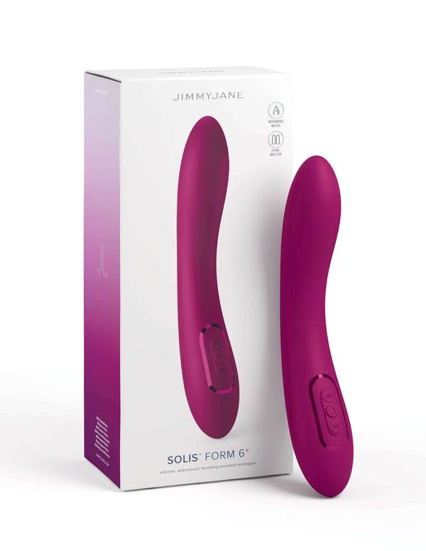 JimmyJane Solis Form 6 Vibrator in pink with packaging box, featuring ergonomic design and dual motors for powerful vibrations