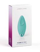 JimmyJane Form 3 Pro Teal Green Vibrator in packaging - ergonomic design for clitoral and labia stimulation.