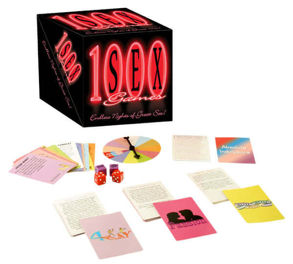 Box and cards for the 1,000 Sex Games featuring dice, spinner, and various foreplay and passion cards.
