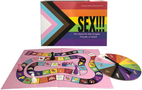 Sex!!! Game board, box, and spinner by Kheper Games for couples, duos, trios, or quads featuring colorful, engaging designs.