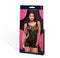 Black leopard lace mini dress packaging with model showcasing low U-neck design and sleeveless style against pink and black background.