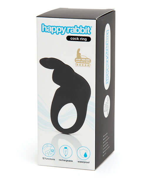 Happy Rabbit Rechargeable Cock Ring Black packaging showcasing 12 vibration functions and waterproof features.
