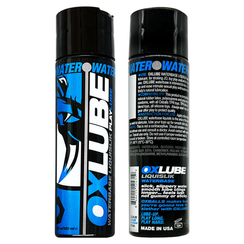 Oxballs Water-Based Lube 8.5 oz premium lubrication front and back view bottles, ideal for adult toys usage.