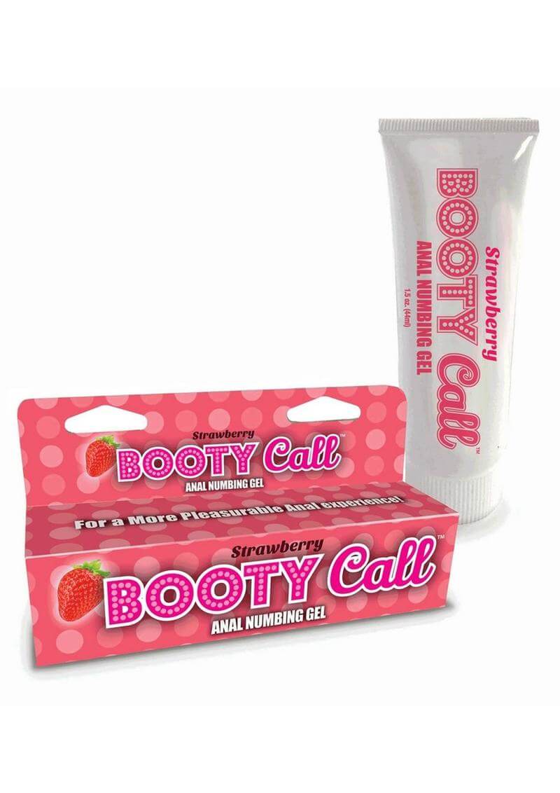 Booty Call Gel Strawberry 1.5 Ounces packaging, anal numbing gel for comfortable and pleasurable anal play, safe with toys