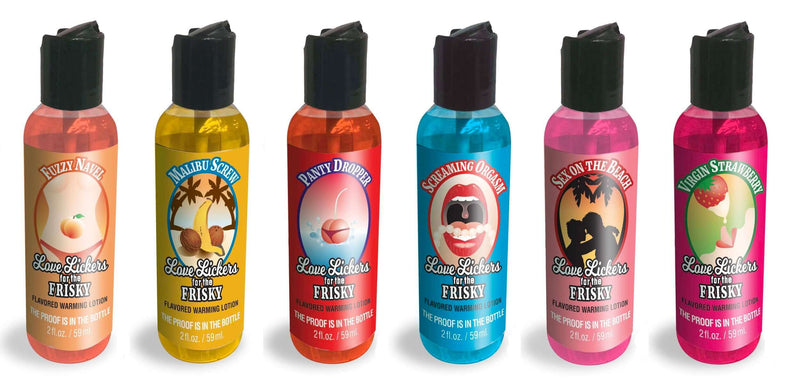 Love Lickers Warming Massage Oil variety pack with 6 enticing flavors in 2-ounce bottles for intimate massages