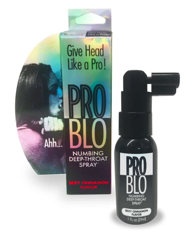 ProBlo Numbing Deep Throat Spray in Sexy Cinnamon flavor, packaged for enhanced oral pleasure and gag reflex desensitization.