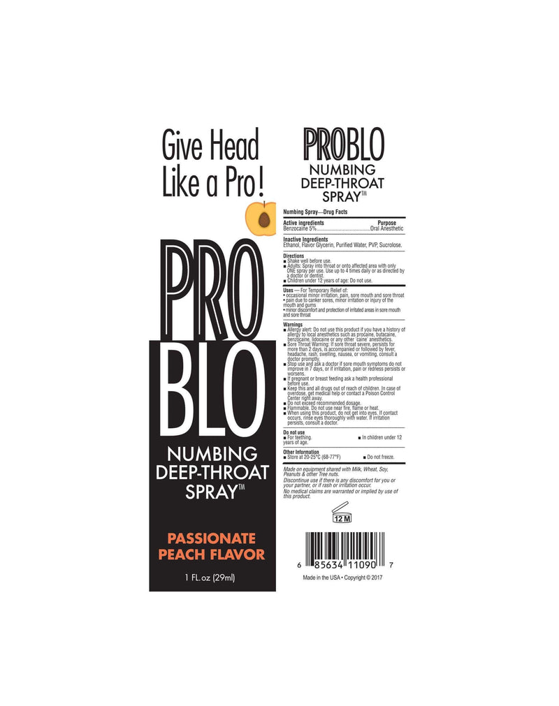 Problo Deep Throat Numbing Spray Passionate Peach Flavor packaging, 1 oz bottle for enhanced oral pleasure.