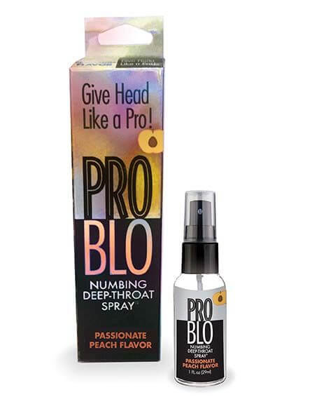 Problo Deep Throat Numbing Spray in Passionate Peach Flavor with packaging, 1 oz bottle, enhance oral experience.