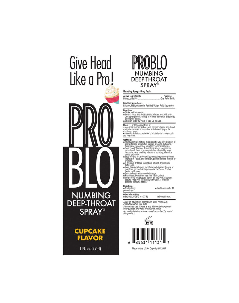 Problo Cupcake Numbing Deep Throat Spray packaging, 1 oz bottle for enhanced oral pleasure.