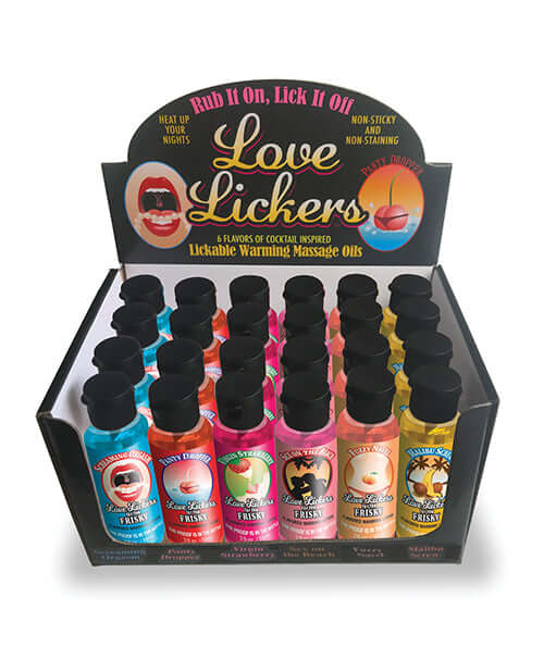 Love Lickers Warming Massage Oil 6 Flavors Display with 24 Bottles