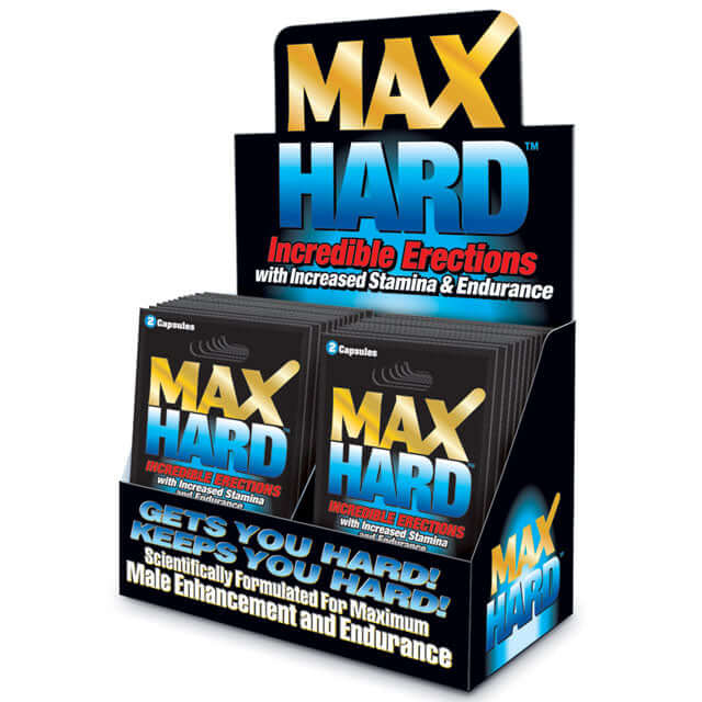 Max Hard Herbal Supplement 24 Capsule Display highlighting stamina and endurance support for male enhancement.