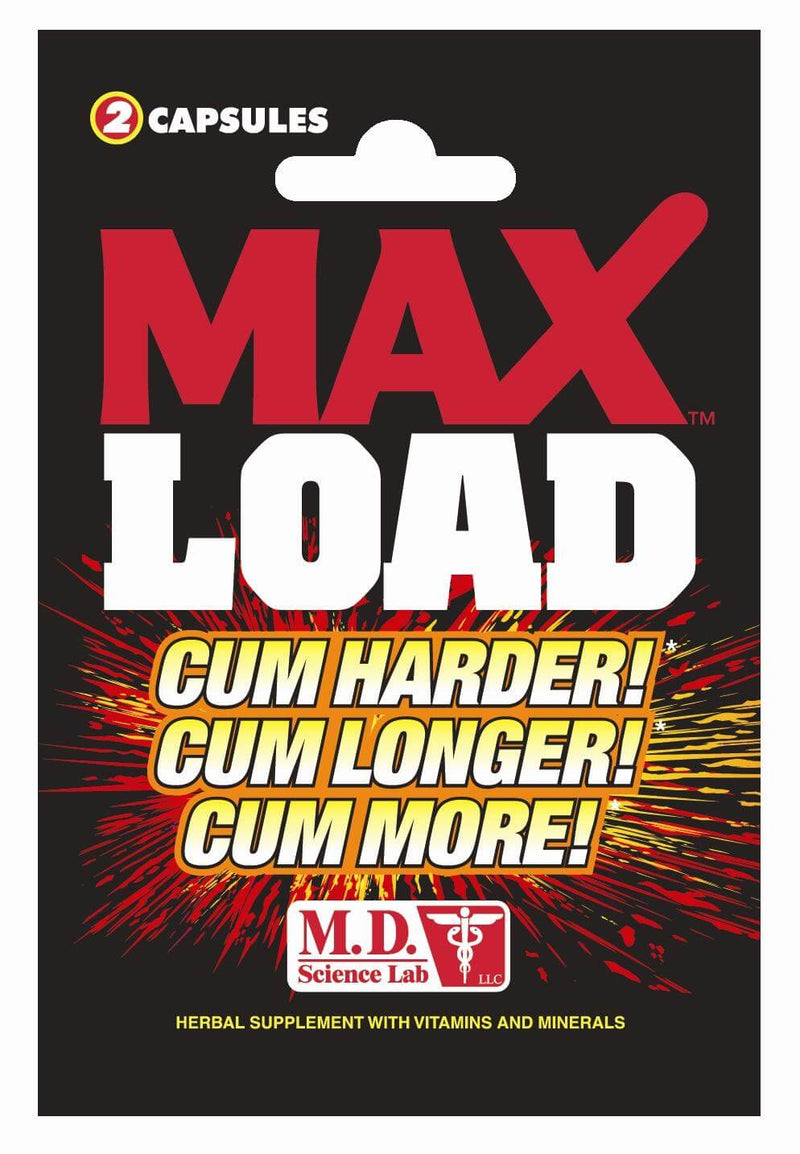 Max Load supplement packaging featuring bold text and promotional phrases, designed for men's vitality support.