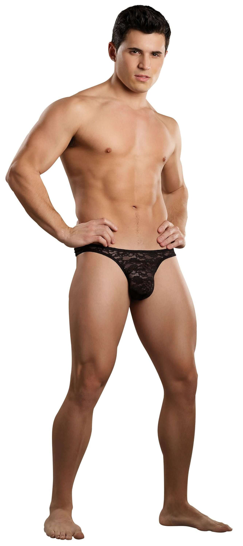 Male Power Stretch Lace Bong Thong in Black Small Medium worn by a model, showcasing its sexy design and fit.