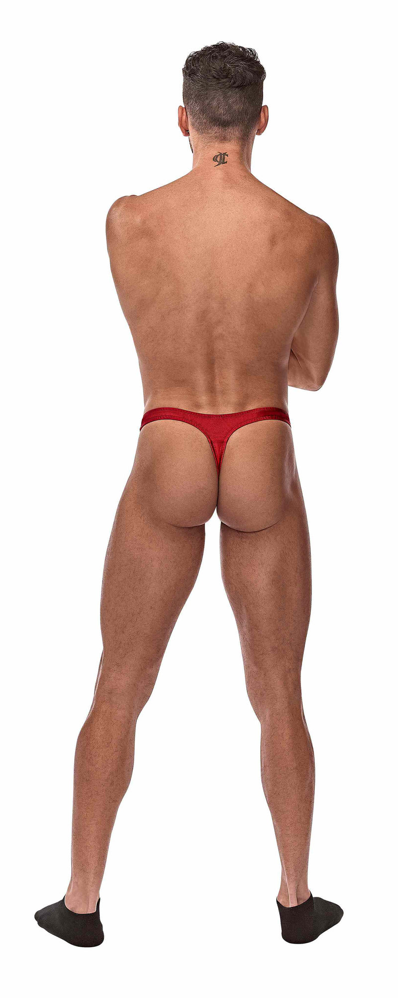 Back view of a model wearing Male Power's red Nylon Lycra Pull-Tab Thong, showcasing the design's sensuality and comfort.