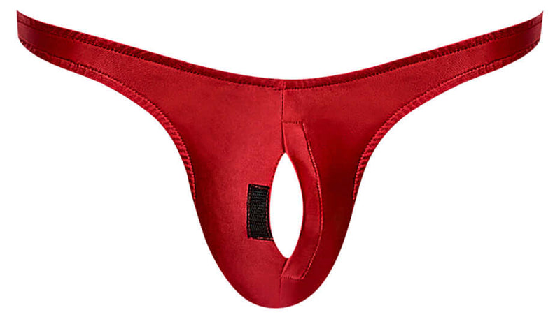 Red Nylon Lycra Pull-Tab Thong by Male Power with front opening for quick access, ideal for bridal showers and special occasions.