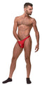 Red Nylon Lycra Pull-Tab Thong by Male Power with Front Opening for Comfort and Sensuality.