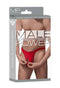 Male Power Nylon Lycra Pull-Tab Thong in red packaging, featuring quick access front opening for comfort and sensuality.