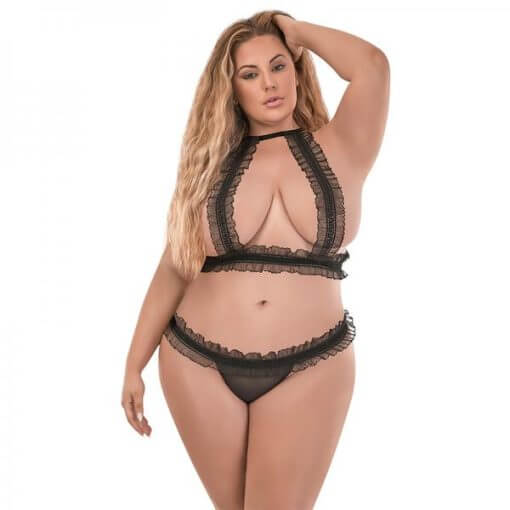 Magic Silk Lingerie Ruffled Halter Bra and Thong Set Black 2XL Plus size ladies from Magic Silk Lingerie at $23.99