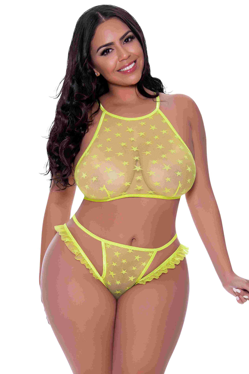 Love Star Halter Bra and Panty Set Chartreuse Lime 2XL from Magic Silk Lingerie