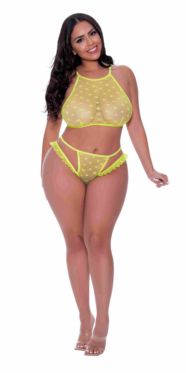 Love Star Halter Bra and Panty Set Chartreuse Lime 2XL from Magic Silk Lingerie