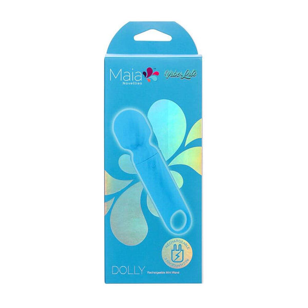 Packaging of Vibelite Dolly Blue Silicone Mini Wand Massager by Maia Toys, showcasing its compact design and 10-function motor.