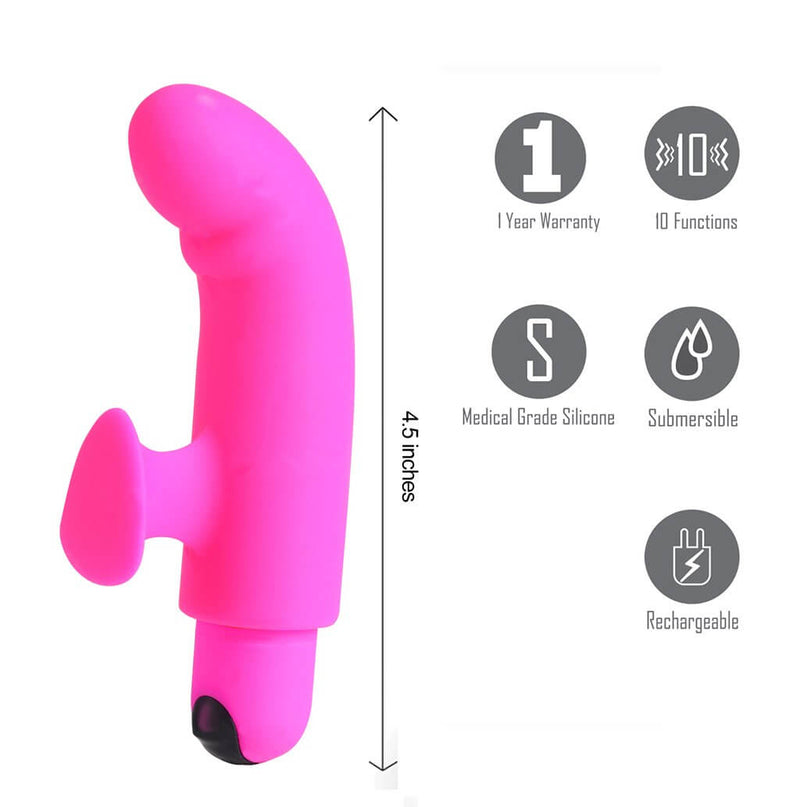 Sadie Rechargeable Silicone Finger Vibe by Maia Toys in pink, 4.5 inches, 10 functions, waterproof, medical-grade silicone, rechargeable, 1-year warranty.