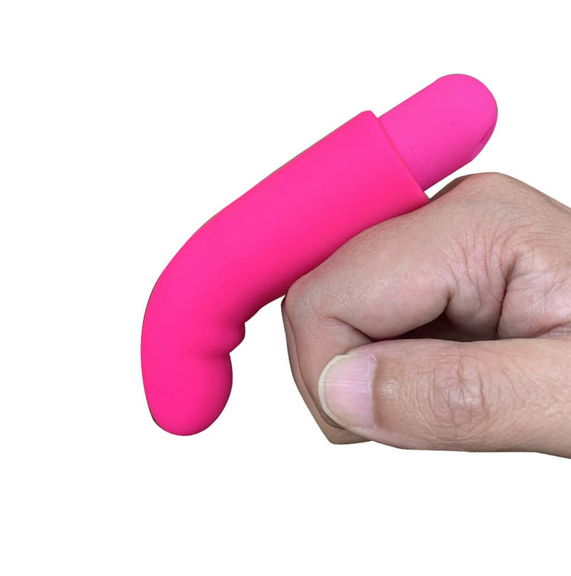 Pink Sadie Rechargeable Silicone Finger Vibe by Maia Toys, featuring 10 vibrating functions, shown on a hand for size reference.