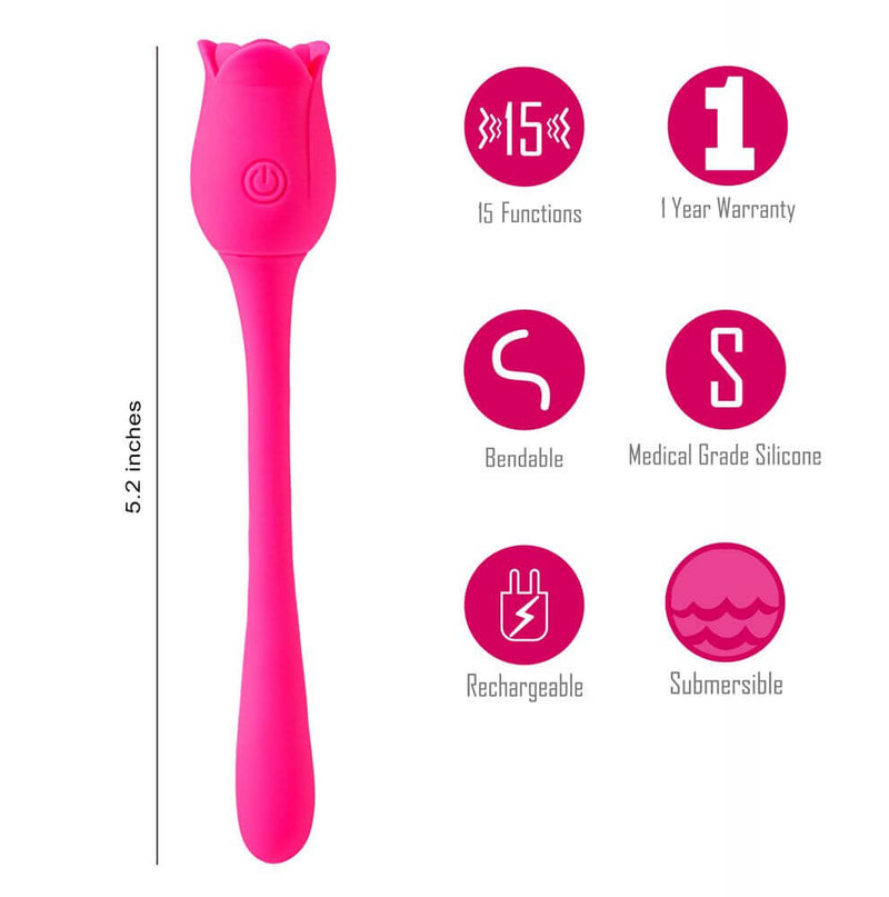Vibelite Meadow 10 Function Rechargeable Wrap Around Vibrator showing its features: 15 functions, bendable, medical grade silicone, rechargeable, submersible.