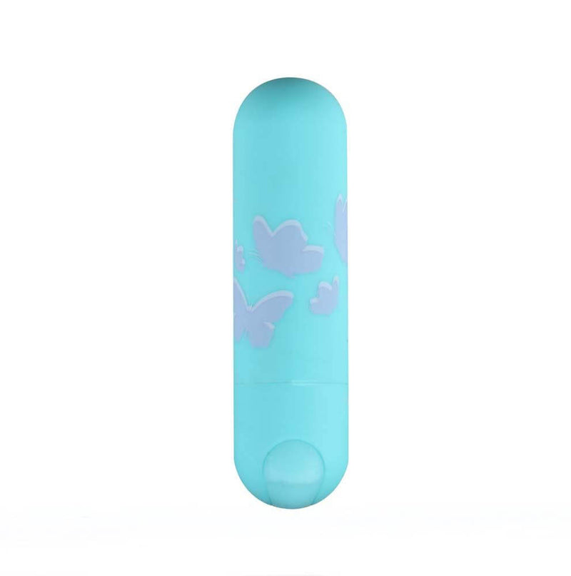 Julia Jessie Butterfly Pattern Rechargeable Mini Bullet Vibrator in turquoise with butterfly design.